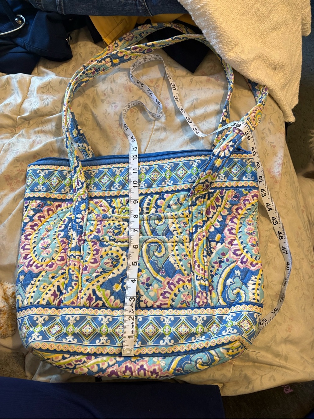 Vera Bradley Blue Paisley Quilted Tote Bag Large Zip Top Shoulder Handbag - Picture 7 of 7